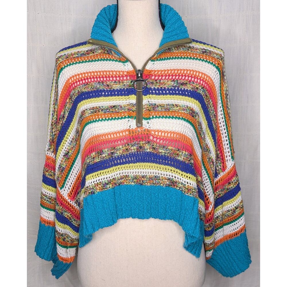 Free People Summer Pullover, Boho Eclectic Top, Crochet and cool zip details